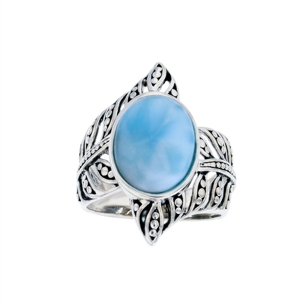 925 Sterling Silver Larimar Oval Shape Crossover Leaves Ring 5.7 gm